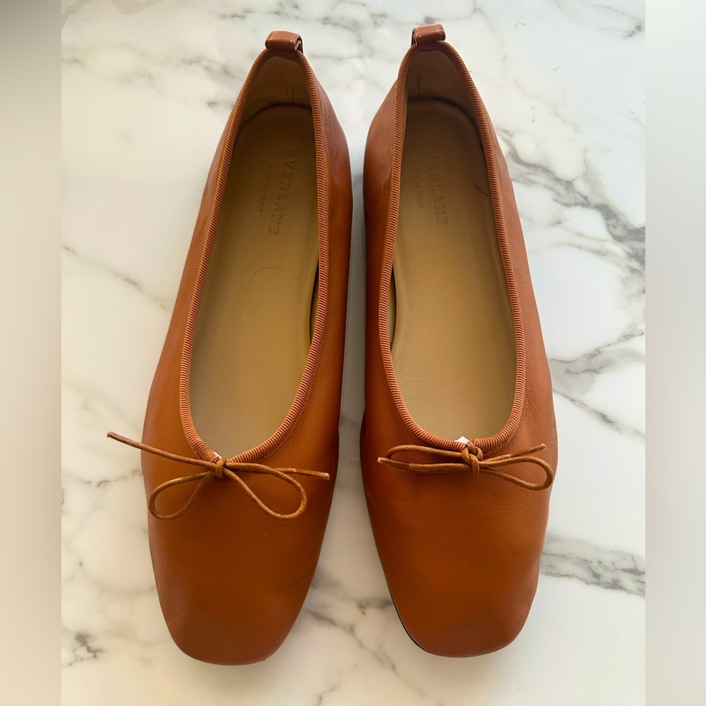 EXC LN EVERLANE The Day Ballet Flat Cognac Brown Toasted Almond 8.5 Square Toe - Picture 2 of 11